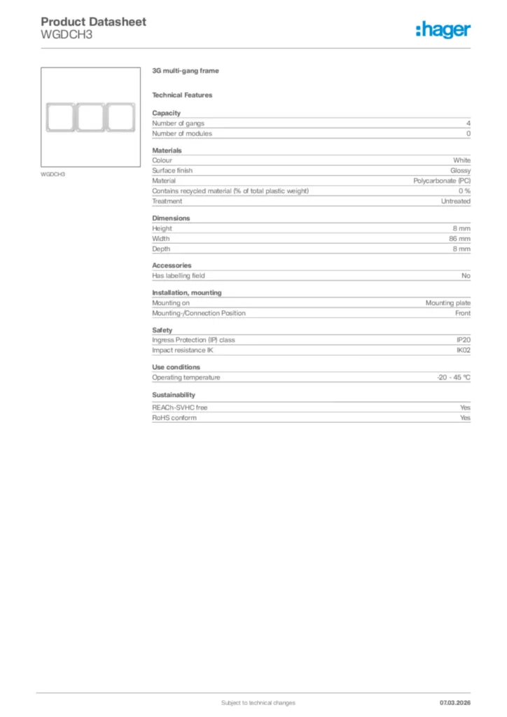 Image Hager Product data sheet WGDCH3  | Hager Africa
