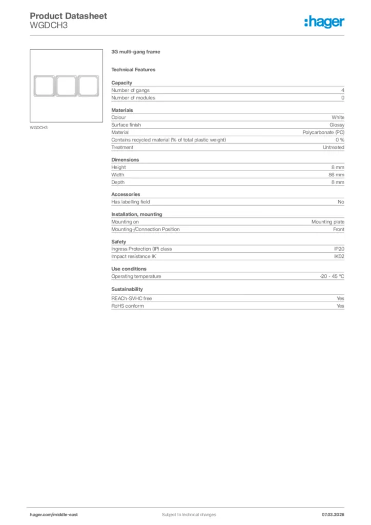 Image Hager Product data sheet WGDCH3  | Hager