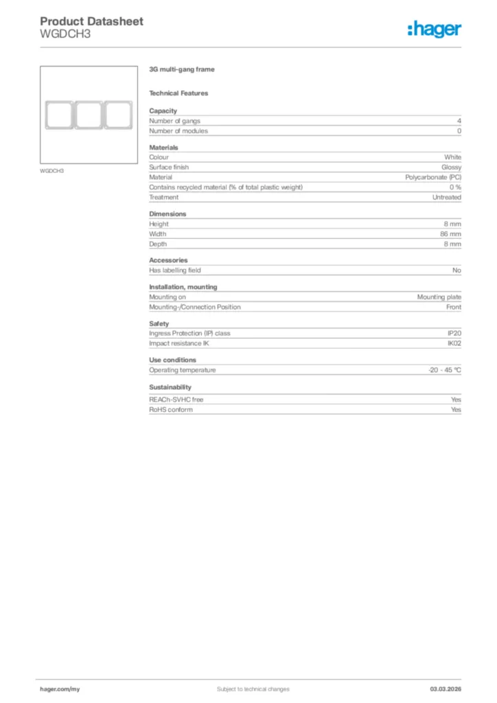 Image Hager Product data sheet WGDCH3  | Hager