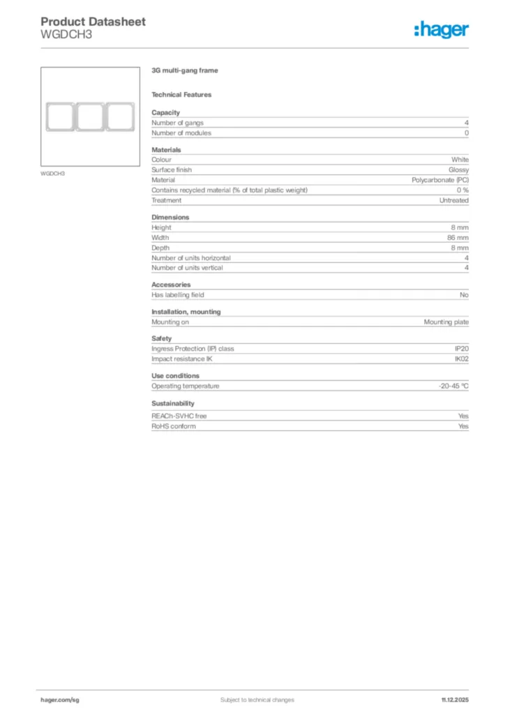 Image Hager Product data sheet WGDCH3  | Hager