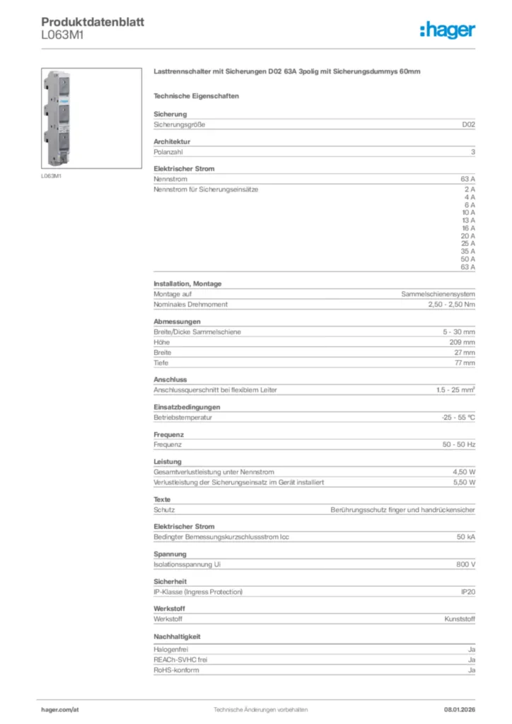 Bild Hager Produktdatenblatt L063M1 | Hager Deutschland