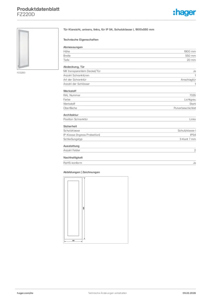 Bild Hager Produktdatenblatt FZ220D | Hager Deutschland