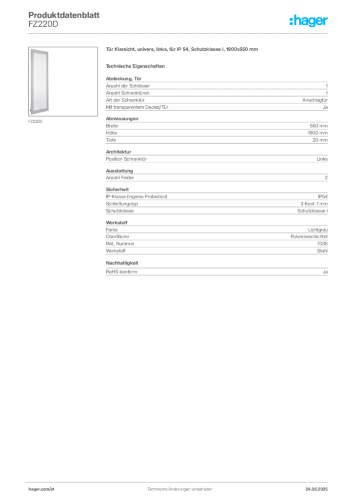 Bild Hager Produktdatenblatt FZ220D | Hager Deutschland