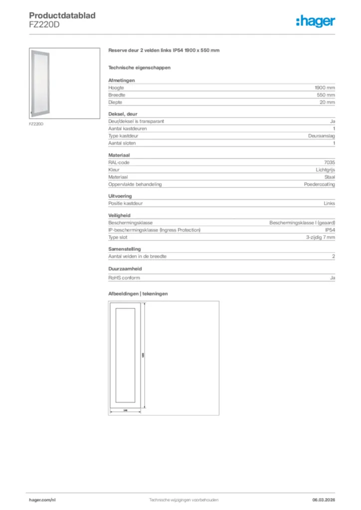 Afbeelding Hager Productdatablad FZ220D | Hager Nederland