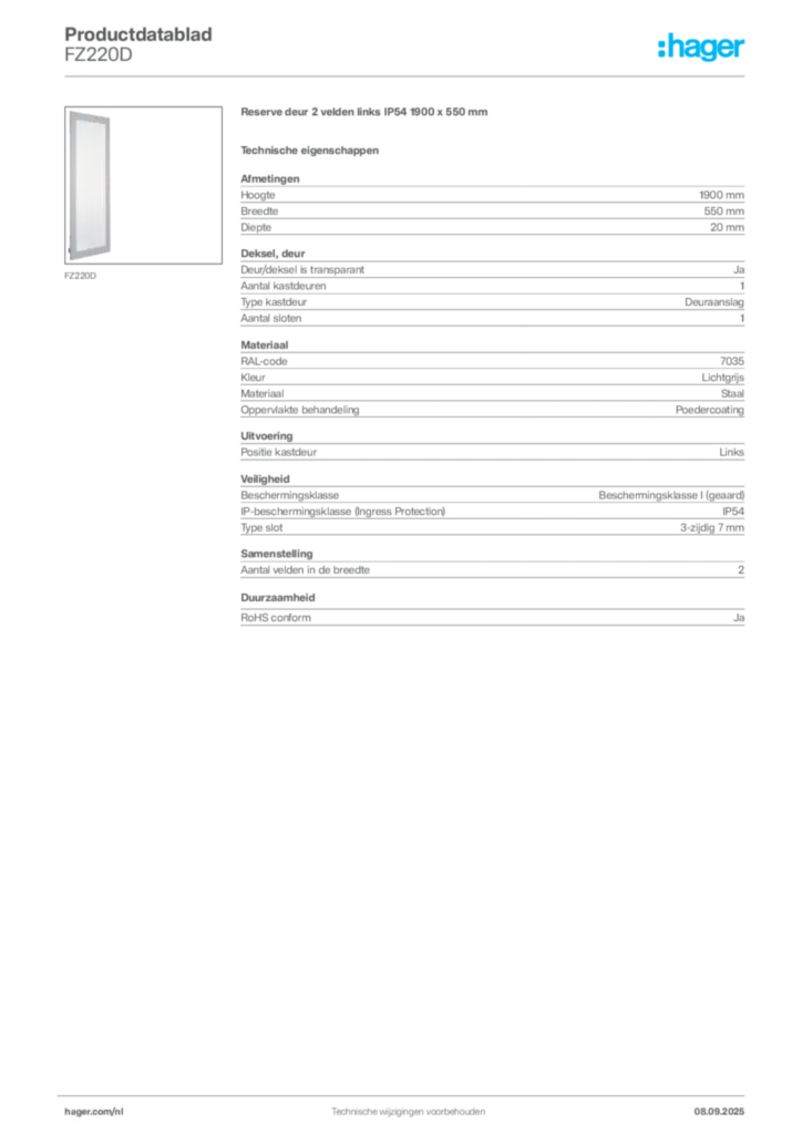 Afbeelding Hager Productdatablad FZ220D | Hager Nederland