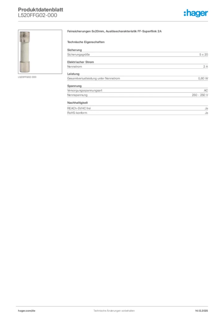 Bild Hager Produktdatenblatt L520FFG02-000 | Hager Deutschland