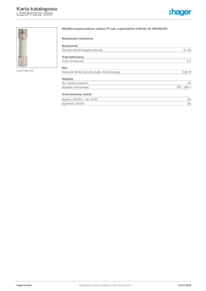 Zdjęcie Hager Karta katalogowa L520FFG02-000 | Hager Polska