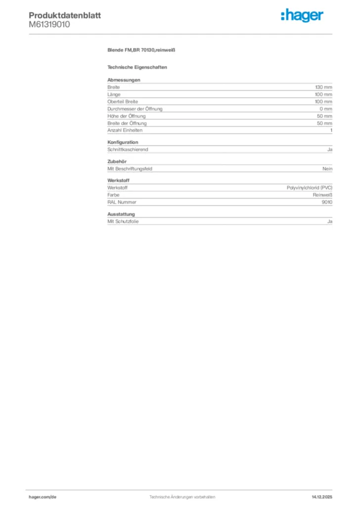 Bild Hager Produktdatenblatt M61319010 | Hager Deutschland