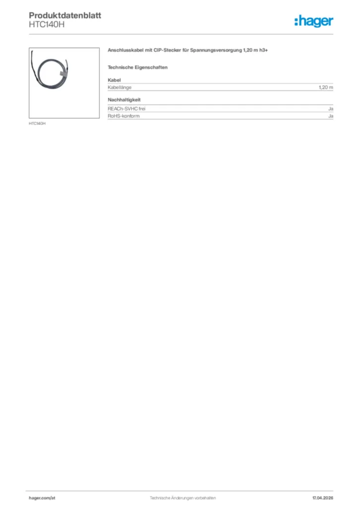 Bild Hager Produktdatenblatt HTC140H | Hager Deutschland
