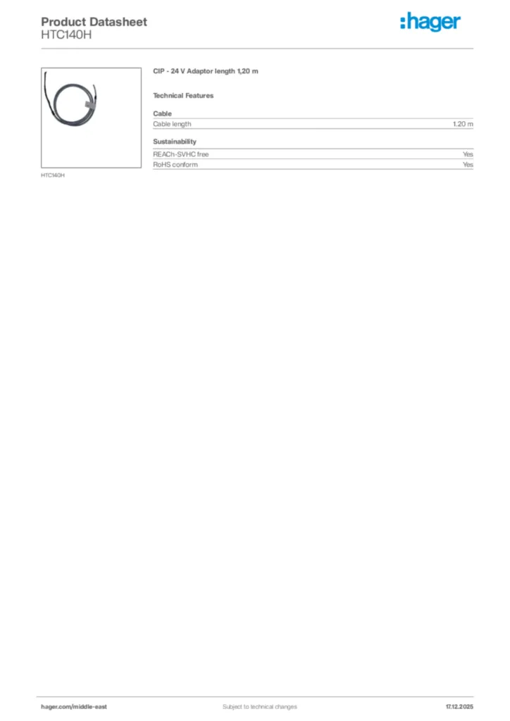 Image Hager Product data sheet HTC140H  | Hager