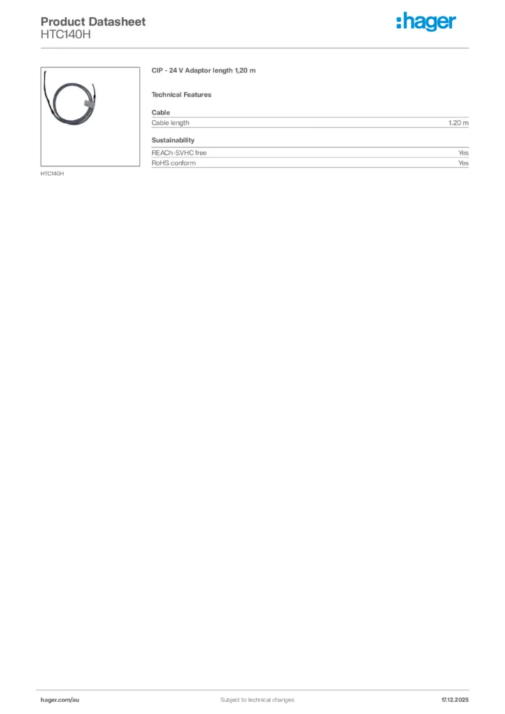 Image Hager Product data sheet HTC140H  | Hager Australia