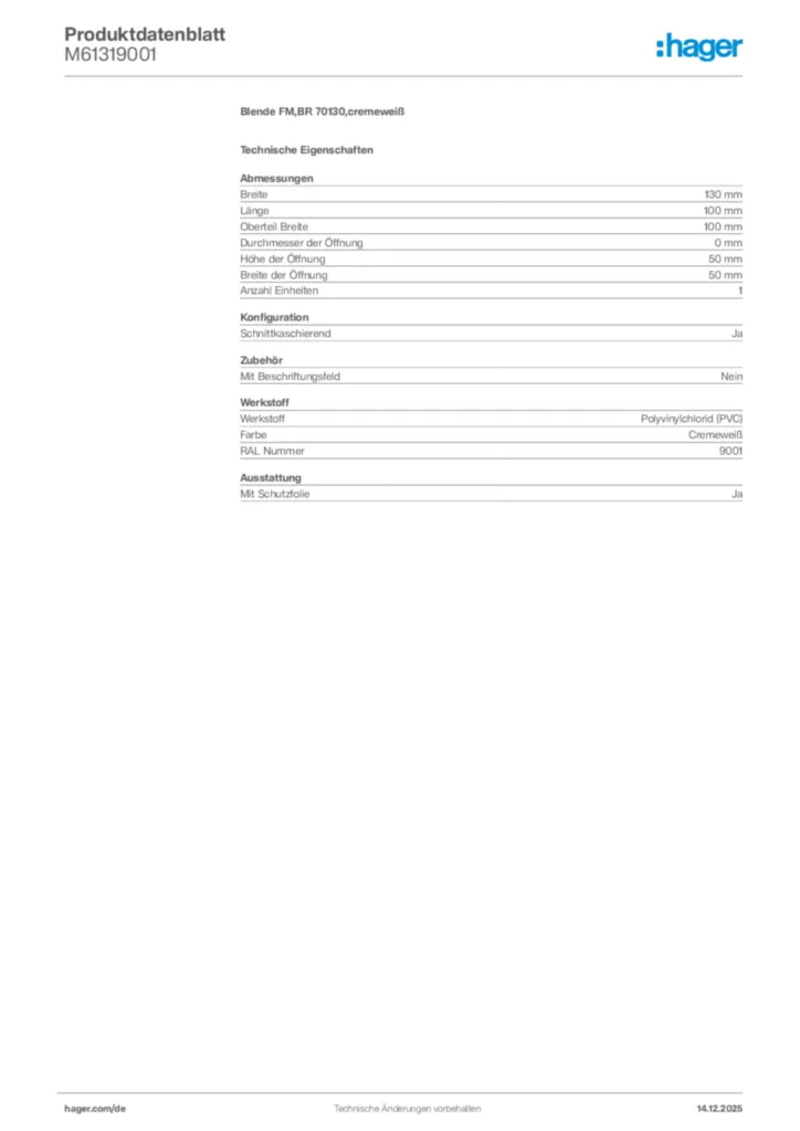 Bild Hager Produktdatenblatt M61319001 | Hager Deutschland