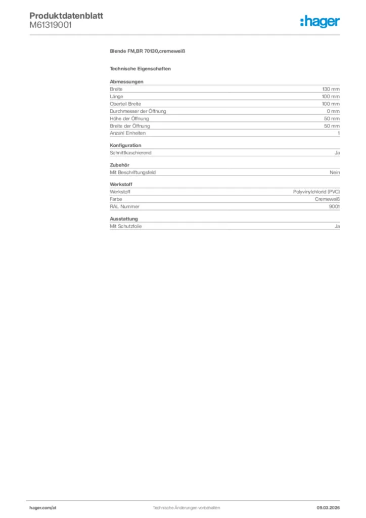 Bild Hager Produktdatenblatt M61319001 | Hager Deutschland