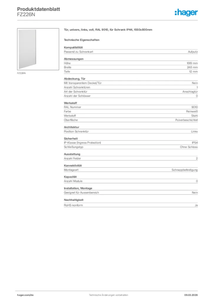 Bild Hager Produktdatenblatt FZ226N | Hager Deutschland
