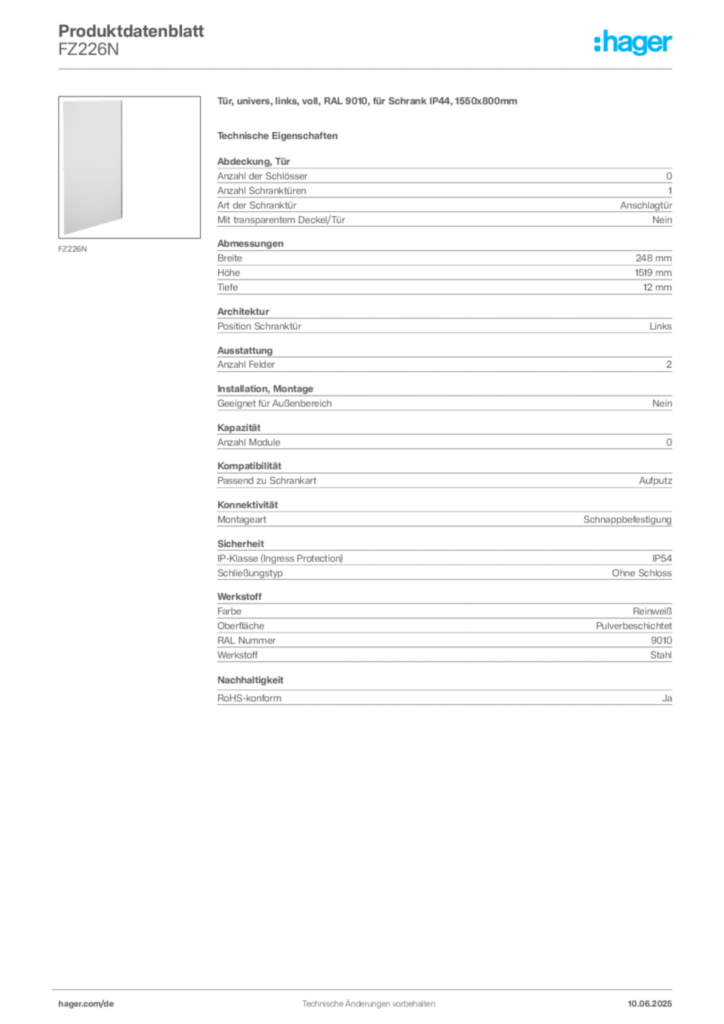 Bild Hager Produktdatenblatt FZ226N | Hager Deutschland