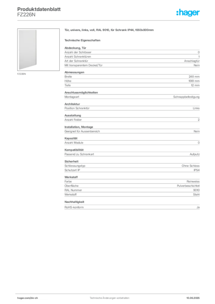 Bild Hager Produktdatenblatt FZ226N | Hager Schweiz