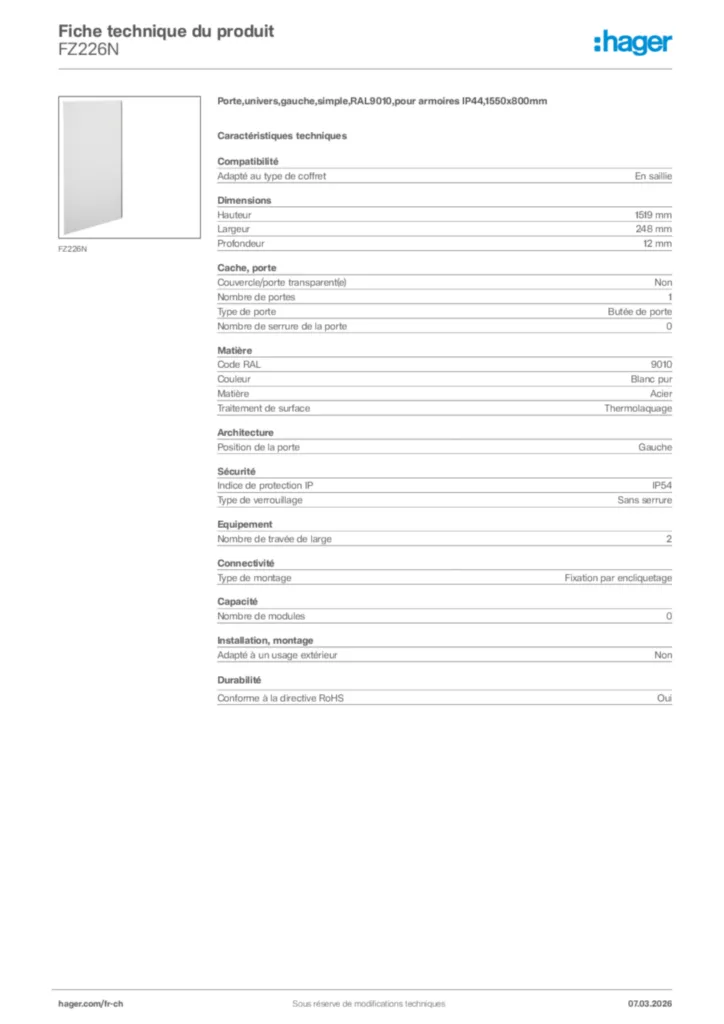 Image Hager Fiche technique du produit FZ226N | Hager Suisse