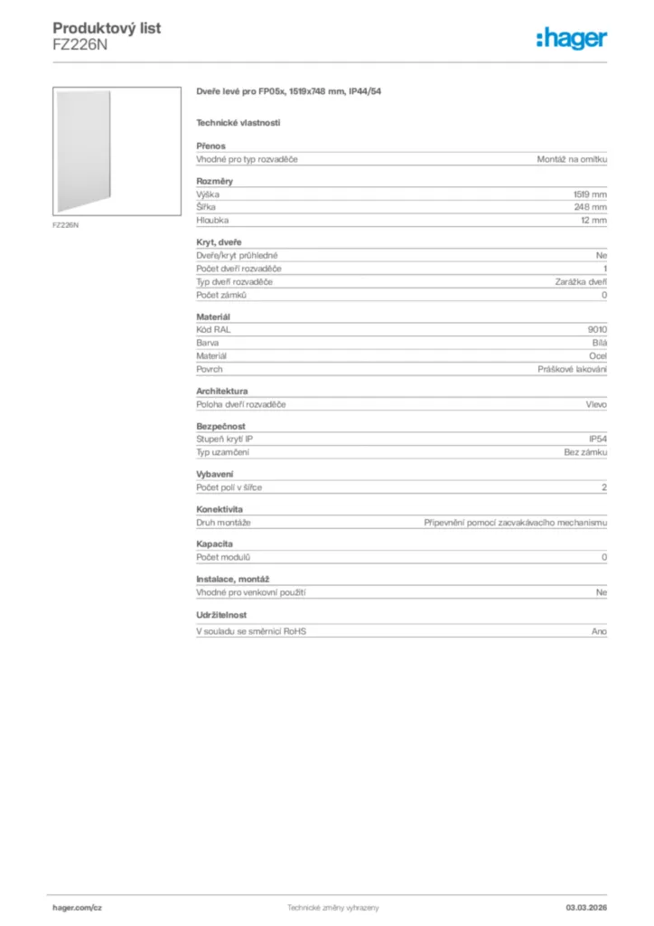 Obrázek Hager Product data sheet FZ226N | Hager