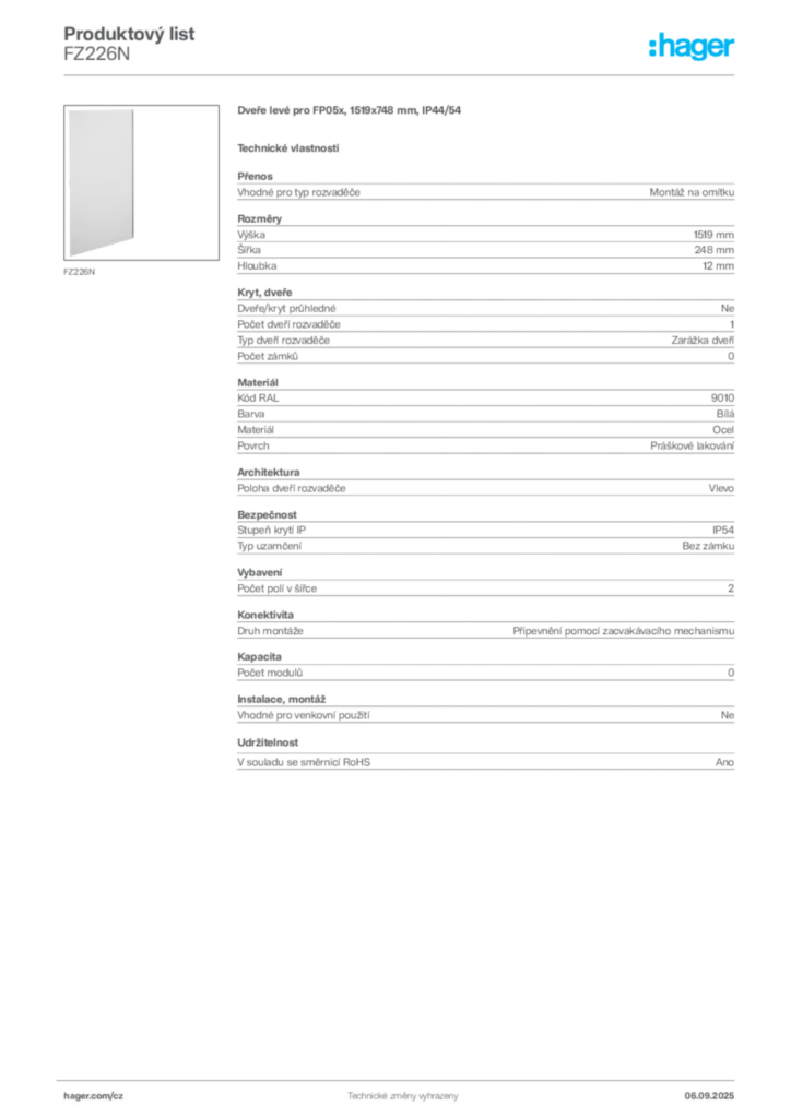 Obrázek Hager Produktový list FZ226N | Hager