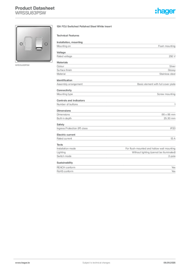 Image Hager Product data sheet WRSSU83PSW  | Hager