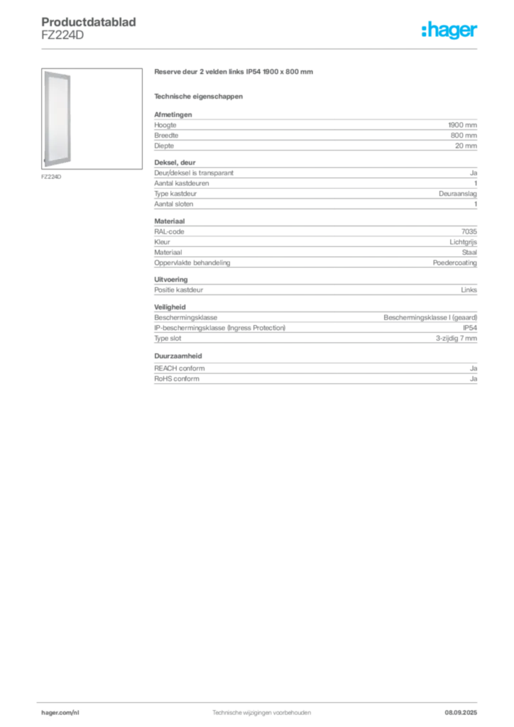 Afbeelding Hager Productdatablad FZ224D | Hager Nederland