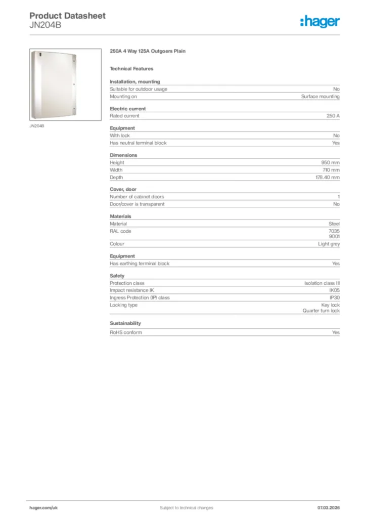 Image Hager Product data sheet JN204B  | Hager