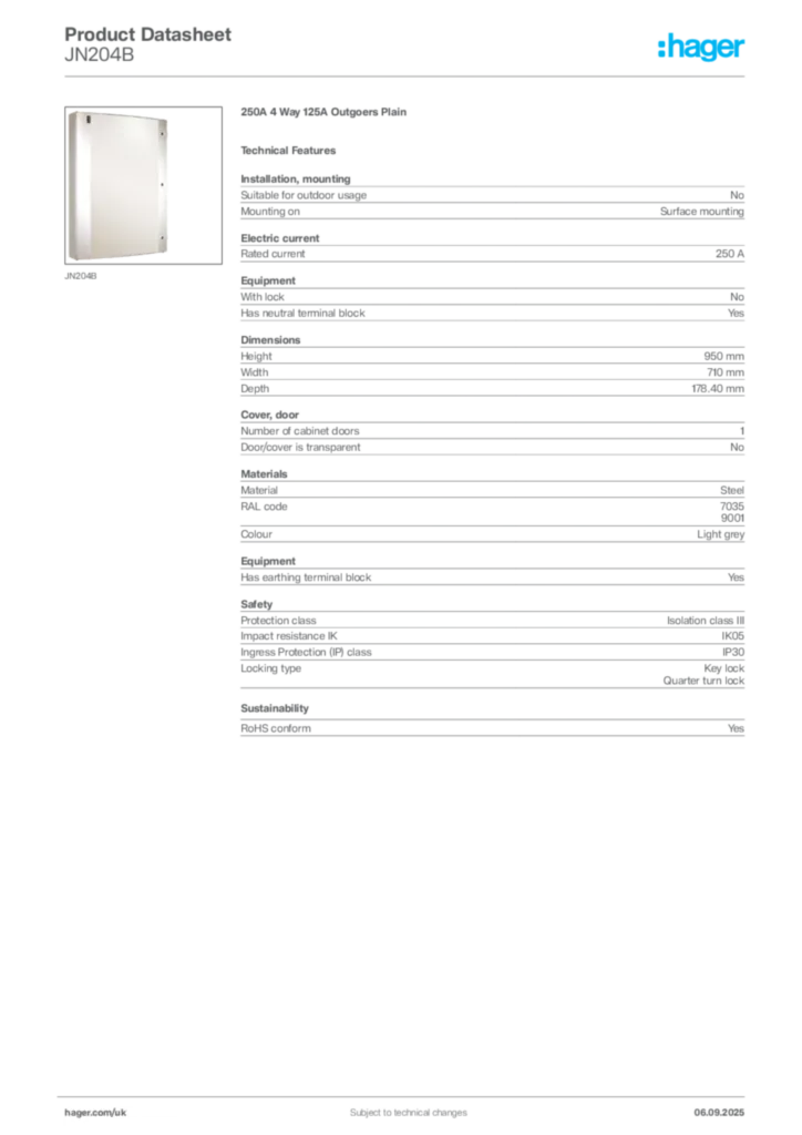 Image Hager Product data sheet JN204B  | Hager
