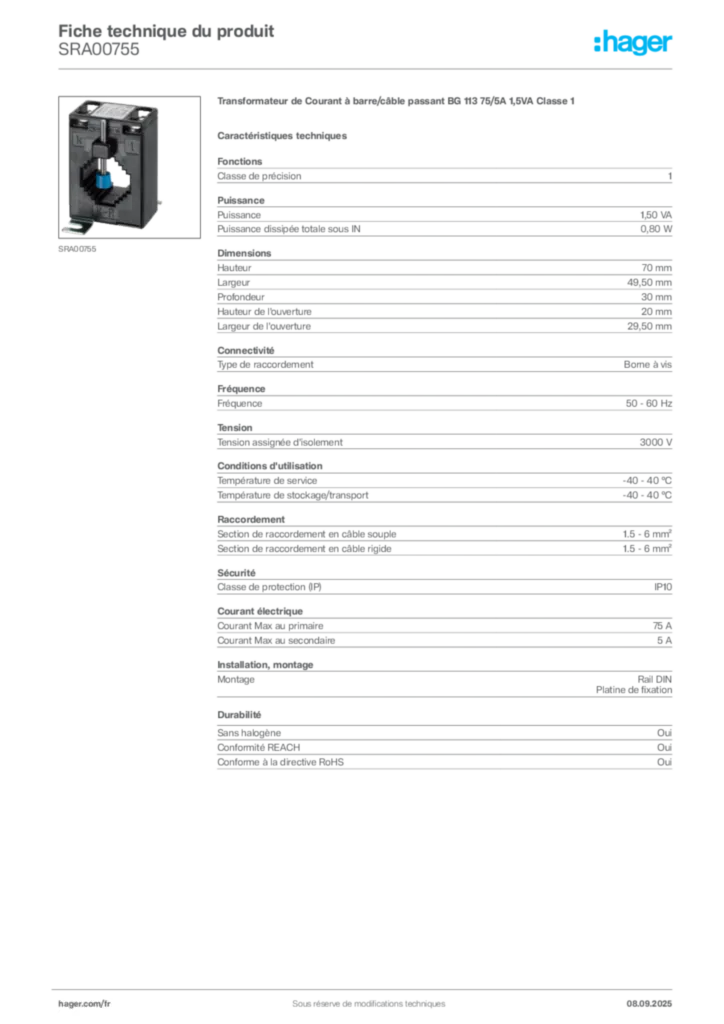 Image Hager Fiche technique du produit SRA00755 | Hager France