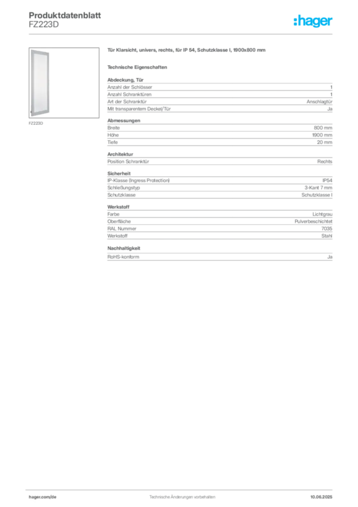 Bild Hager Produktdatenblatt FZ223D | Hager Deutschland