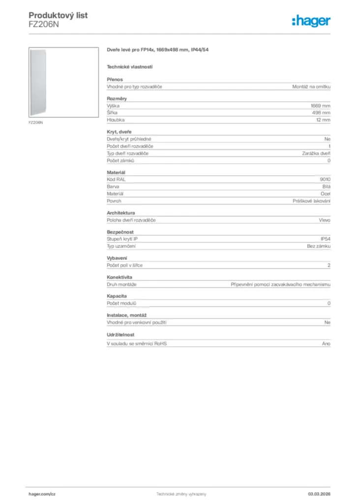 Obrázek Hager Product data sheet FZ206N | Hager