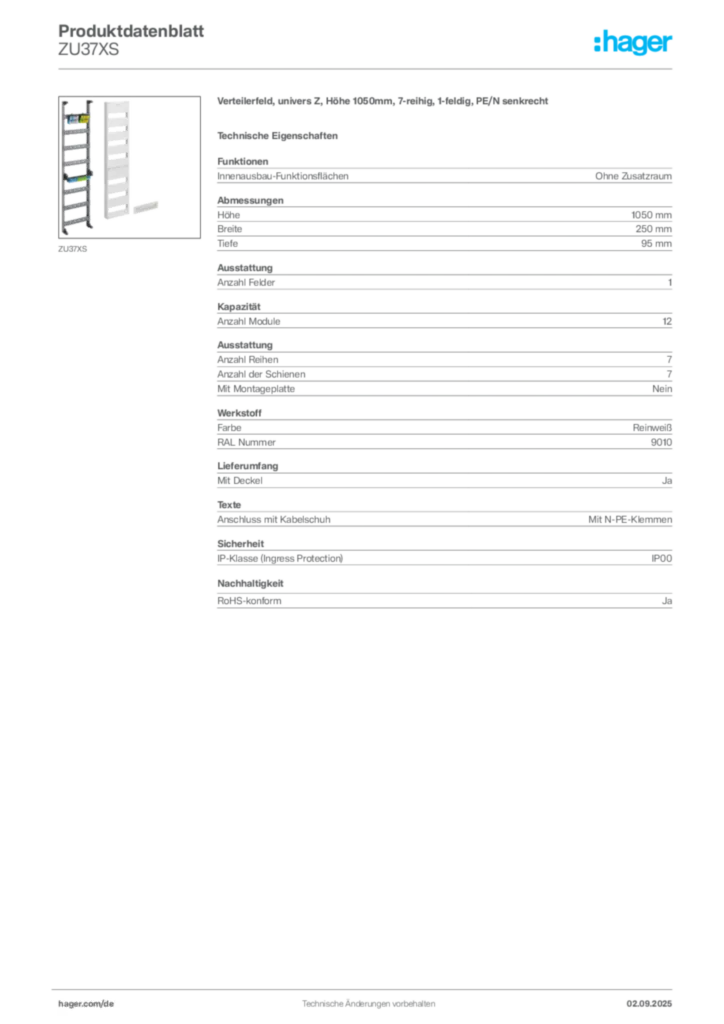 Bild Hager Produktdatenblatt ZU37XS | Hager Deutschland