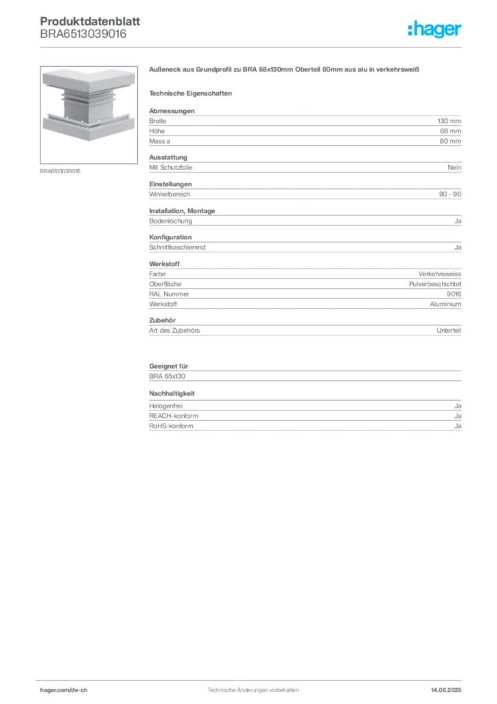 Bild Hager Produktdatenblatt BRA6513039016 | Hager Schweiz
