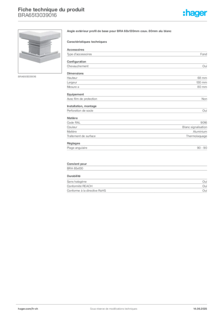 Image Hager Fiche technique du produit BRA6513039016 | Hager Suisse