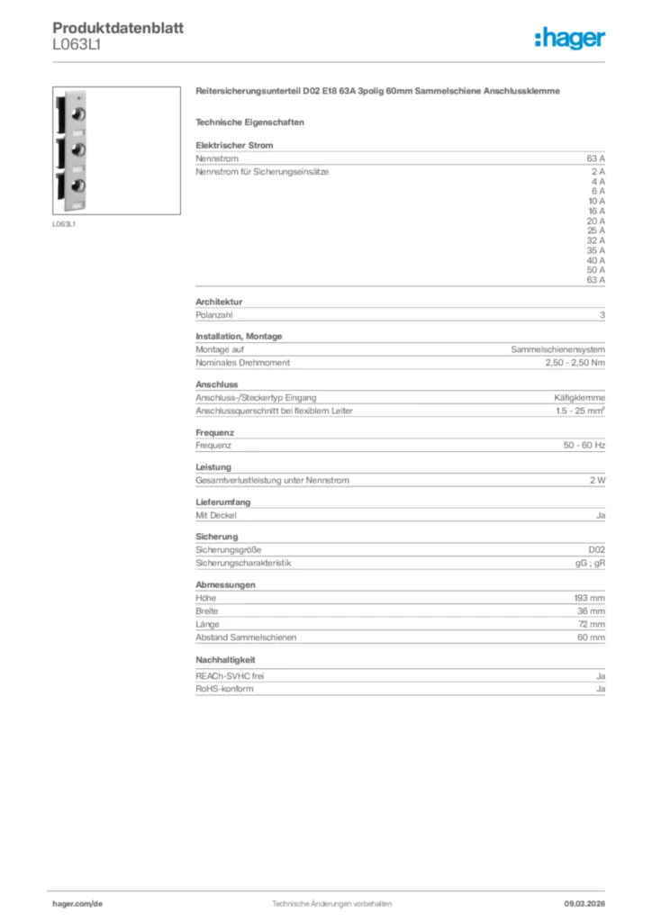 Bild Hager Produktdatenblatt L063L1 | Hager Deutschland