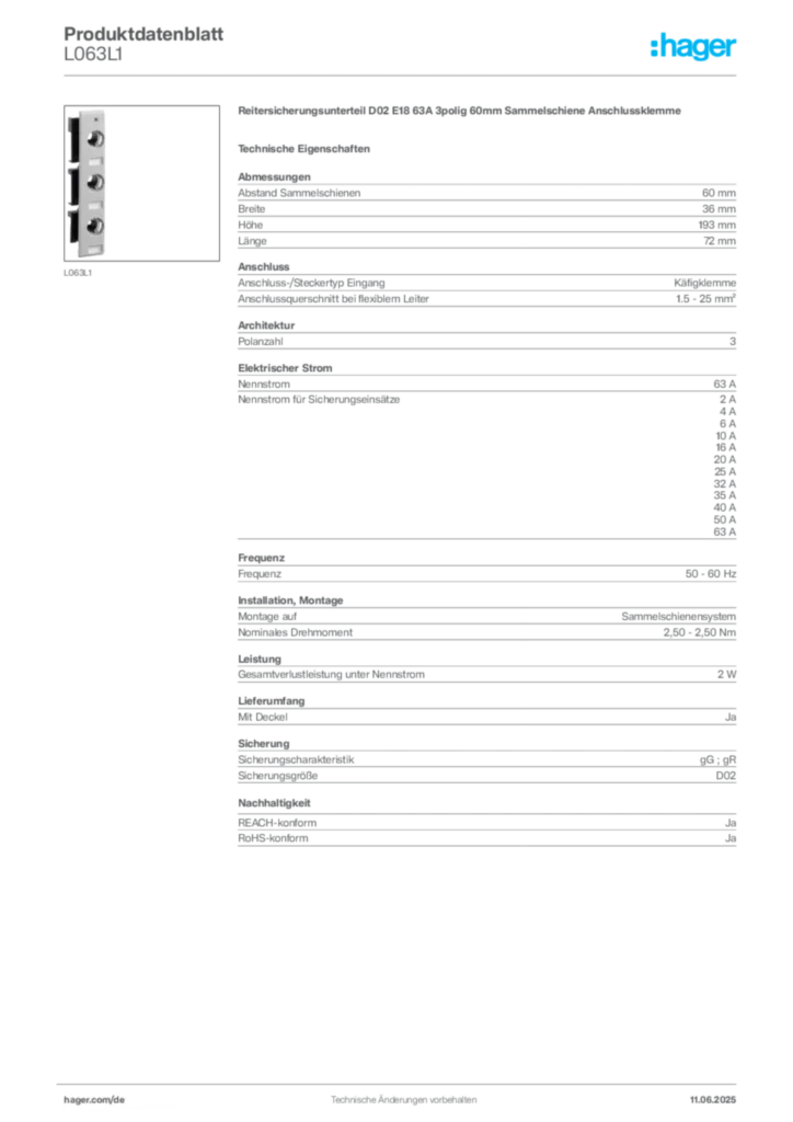 Bild Hager Produktdatenblatt L063L1 | Hager Deutschland
