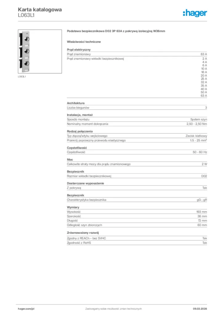 Zdjęcie Hager Karta katalogowa L063L1 | Hager Polska