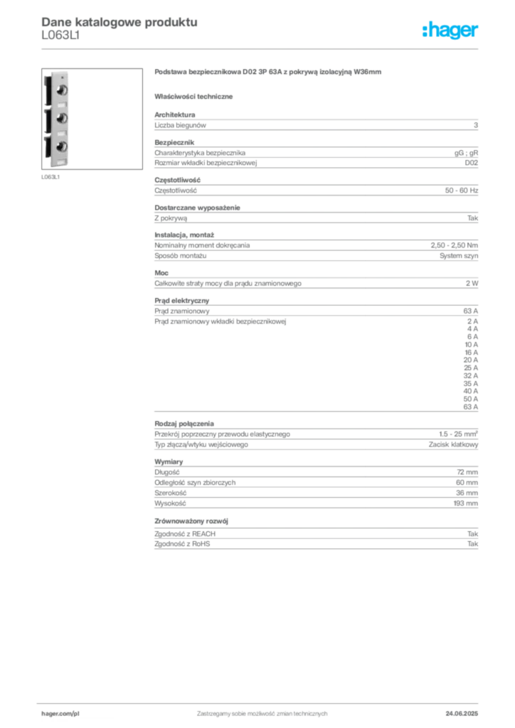 Zdjęcie Hager Karta katalogowa L063L1 | Hager Polska