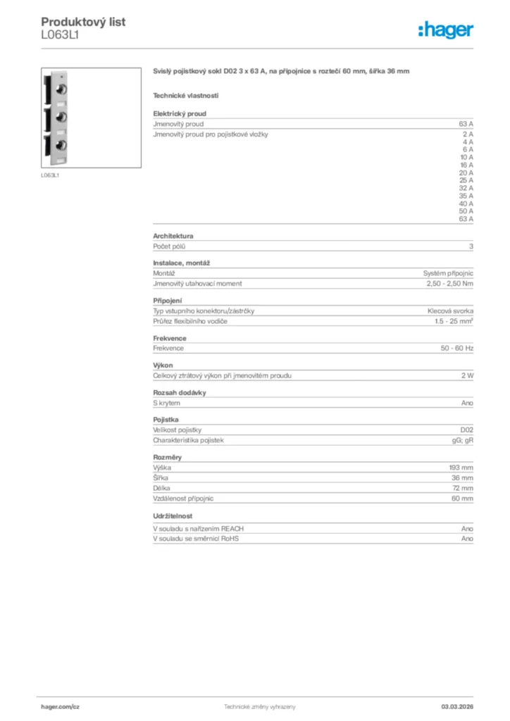 Obrázek Hager Product data sheet L063L1 | Hager