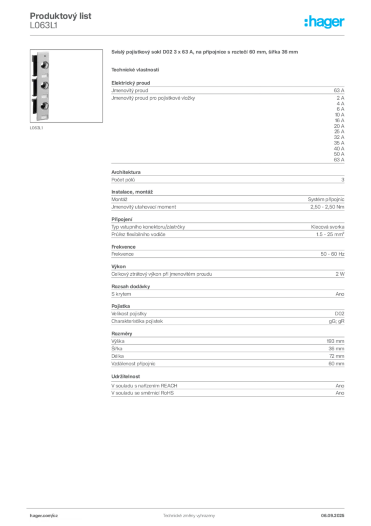 Obrázek Hager Produktový list L063L1 | Hager