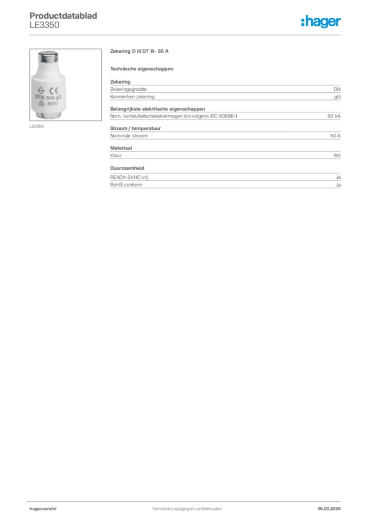 Afbeelding Hager Productdatablad LE3350 | Hager Nederland