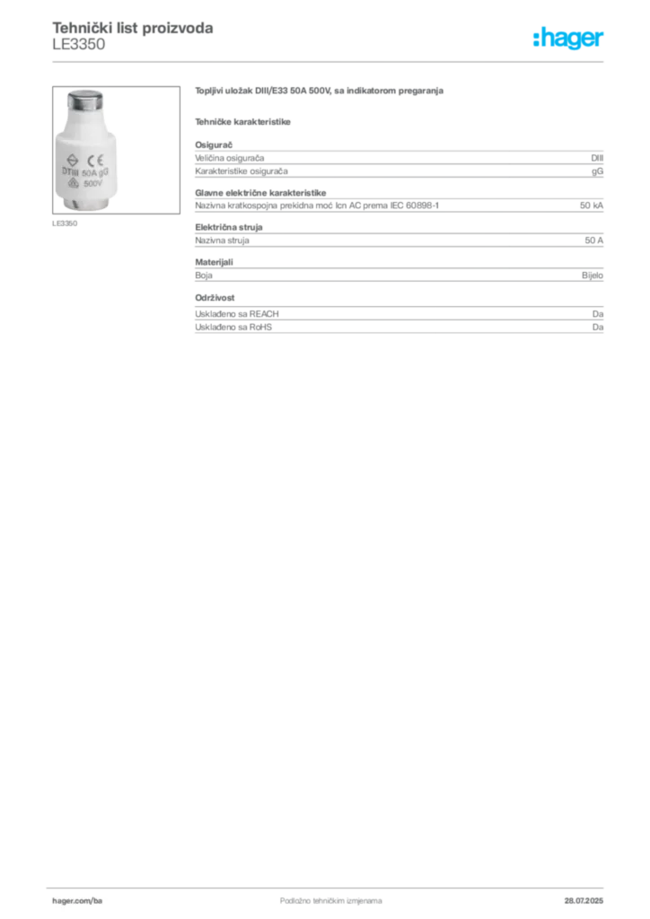 Slika Hager Product data sheet LE3350  | Hager