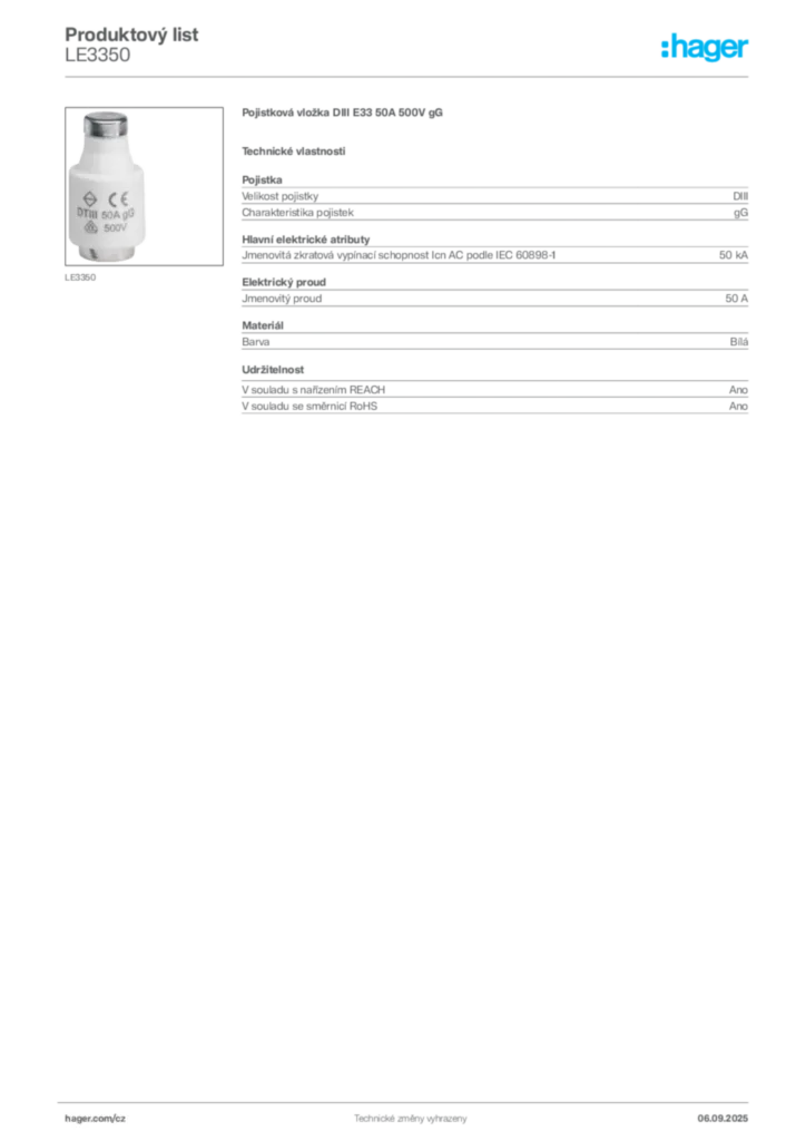 Obrázek Hager Produktový list LE3350 | Hager