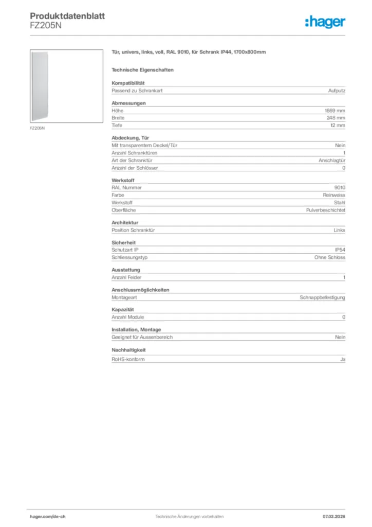 Bild Hager Produktdatenblatt FZ205N | Hager Schweiz