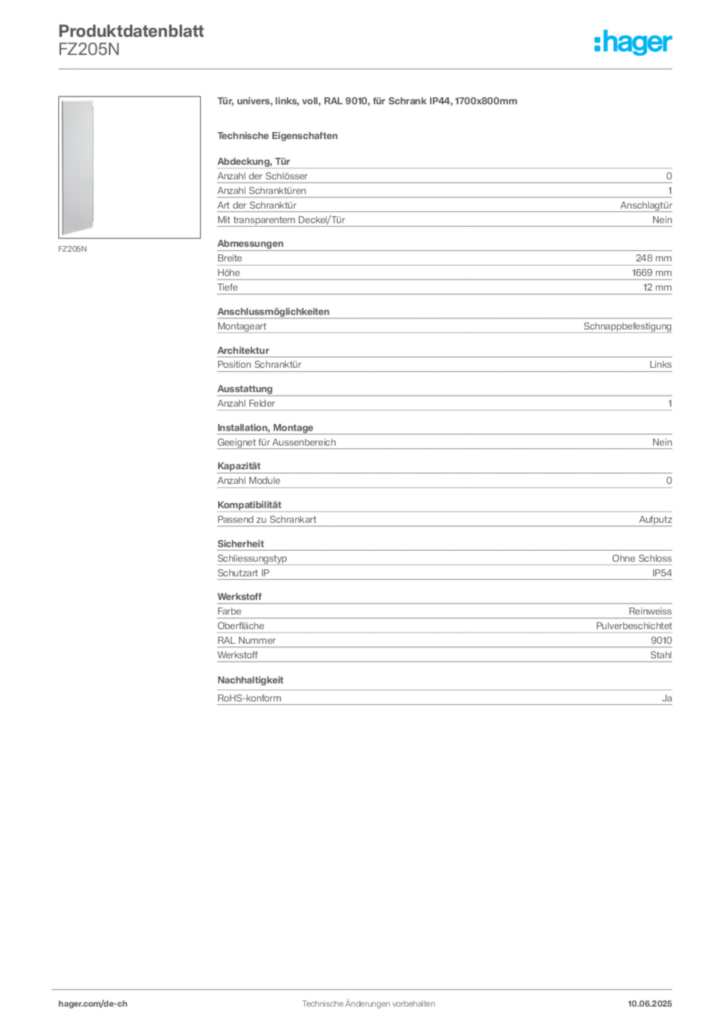 Bild Hager Produktdatenblatt FZ205N | Hager Schweiz
