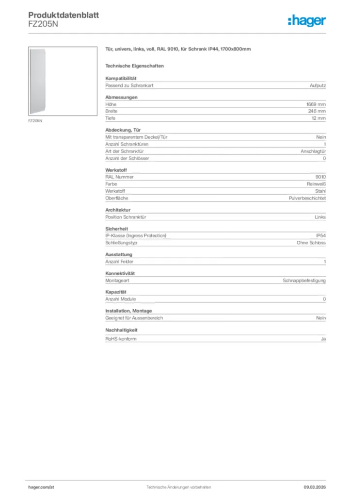 Bild Hager Produktdatenblatt FZ205N | Hager Deutschland