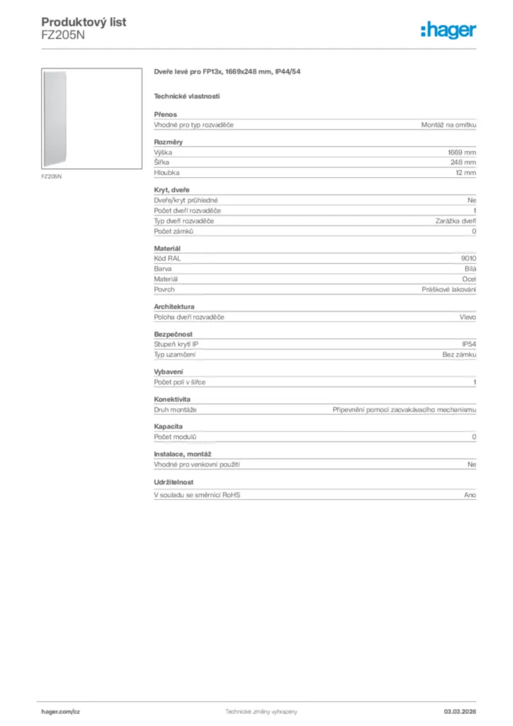 Obrázek Hager Product data sheet FZ205N | Hager