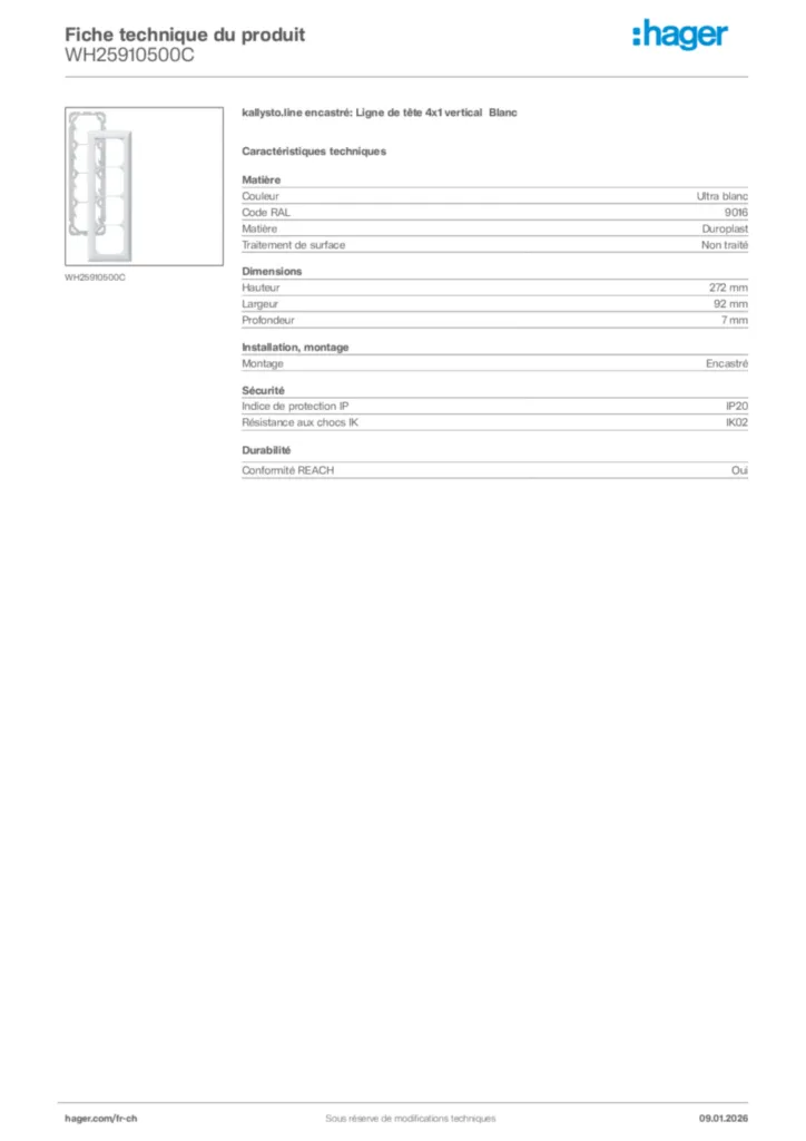 Image Hager Fiche technique du produit WH25910500C | Hager Suisse