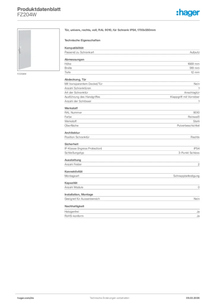 Bild Hager Produktdatenblatt FZ204W | Hager Deutschland