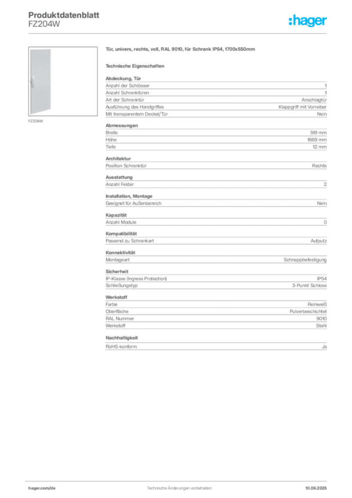 Bild Hager Produktdatenblatt FZ204W | Hager Deutschland