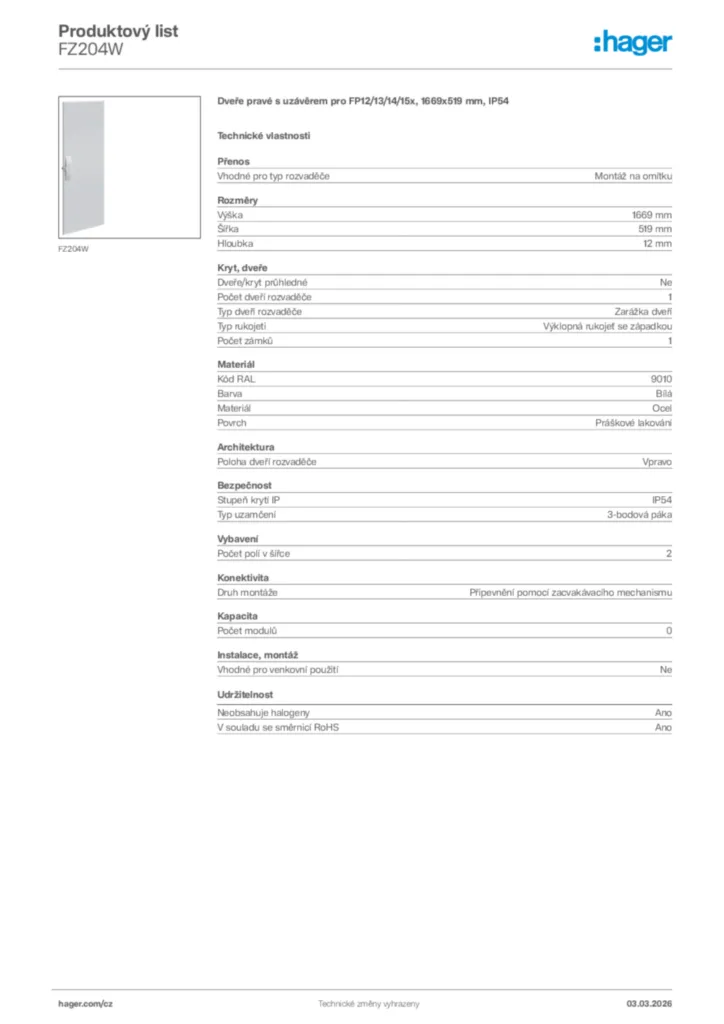 Obrázek Hager Product data sheet FZ204W | Hager